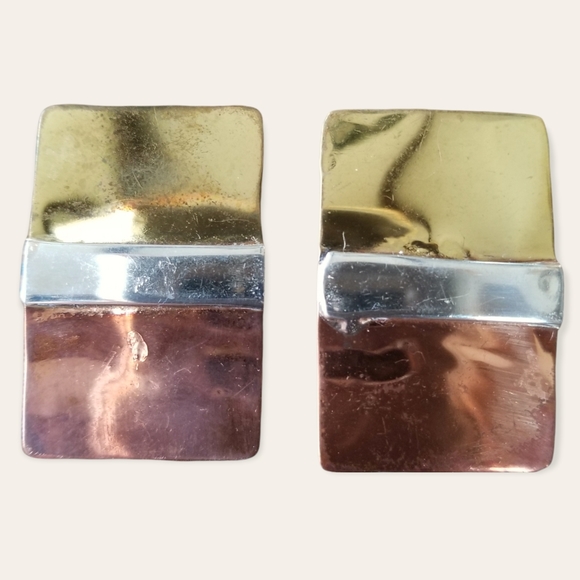 Vintage Artisan Designed Hand Crafted Tr-Tone Metal Post Style Pierced Earrings - Picture 3 of 8